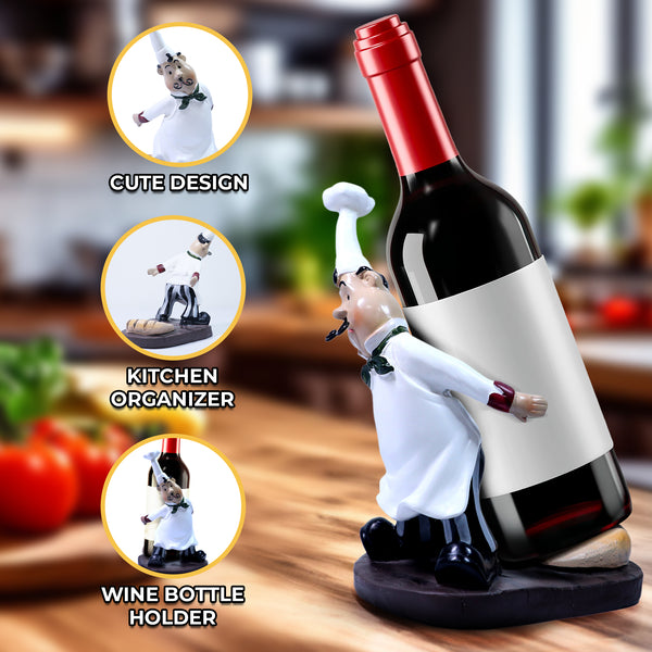 Wine Bottle Holder, Cute Polyresin Chef 750mL Bottle Organizer, Kitchen Countertop Decor 6 inch, 20 cm by Sona Casa