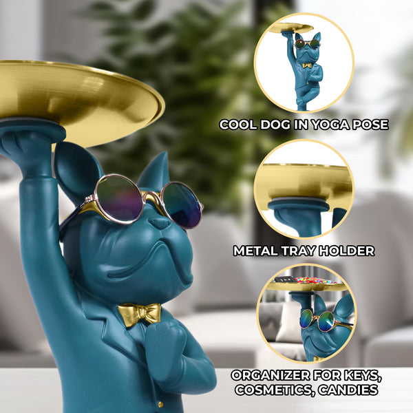 Yoga Dog Statue Metal Tray Storage, Cosmetic, Toy, Key Organizer, Candy Tray Table Ornament 12 inch 31 cm by Sona Casa