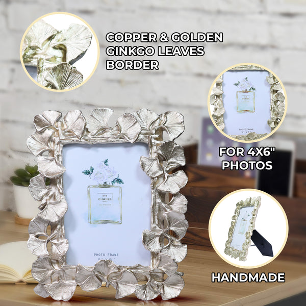 3D Picture Frame for 4x6 inch Photo, Gold Copper Ginkgo Leaves Photo Frame Border, Handmade Frame, 8 inch 22 cm by Sona Casa