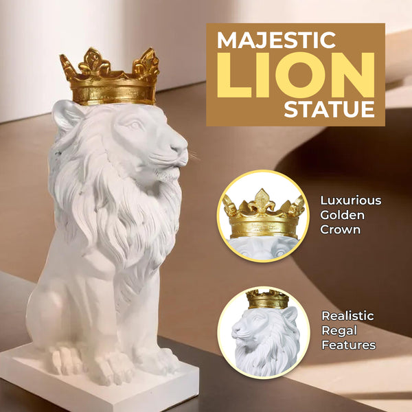 White Lion King with Golden Crown, Statue of a Lion, Table Centerpiece, Home or Office Decor, 36 cm, 24 inch, Unique Gift by Sona Casa