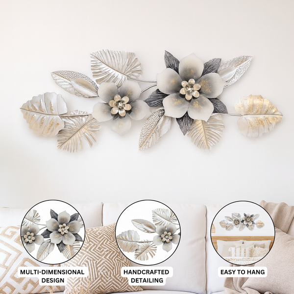 Large Metal Flower Wall Art, 3D Floral Wall Sculpture, Modern Botanical Decor with Silver & Gray Leaves, Textured Metal Wall Decor for Living Room, Bedroom, or Entryway-Sona Casa