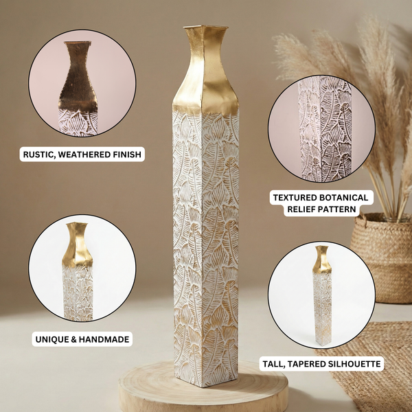 Modern Decorative Metal Tall Vase, Rustic Weathered Finish, Handmade Gold Living Room Decor, 42" Pots for Pampas Grass-Sona Casa