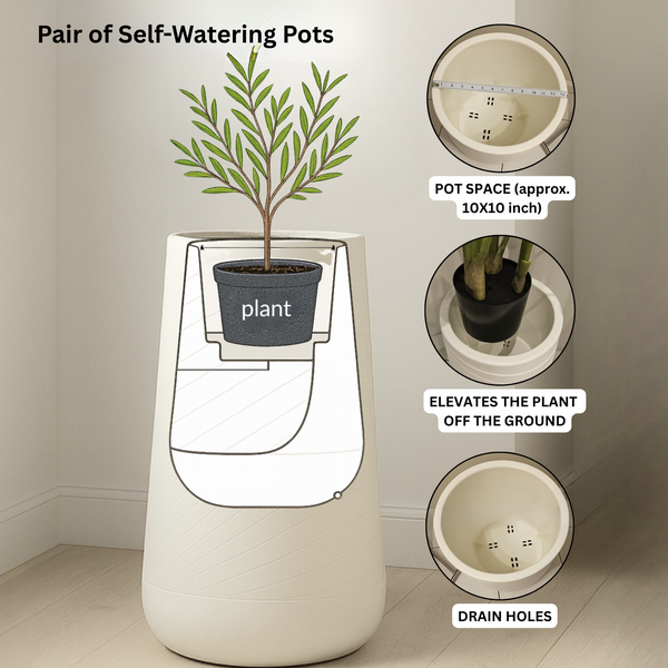 Set of 2 Tall White Indoor Self Watering Decorative Planter, 27" Modern Minimalist Flower Pot Home, Front Porch, Patio, Backyard & Garden Decor-Sona Casa