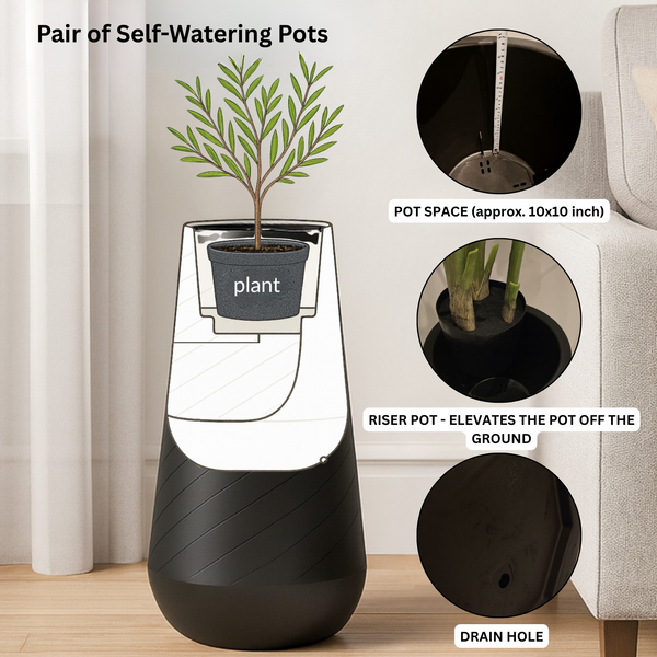 Set of 2 Tall Black Indoor Self Watering Decorative Planters, 27 Inch Tall Black Planter with Riser Pot, Drain Hole-Sona Casa