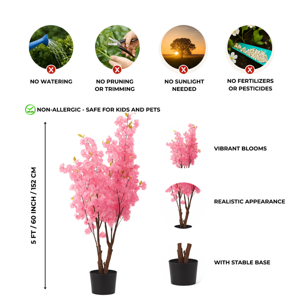 5 ft Tall Faux Pink Sichuan Cherry Blossom, Nearly Natural Large Artificial Tree, Indoor Decor for Living Room, Office, Patio-Sona Casa