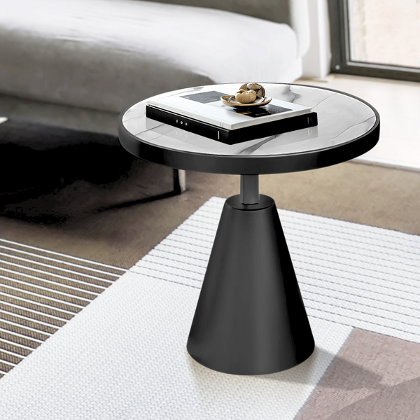 Modern Round Corner End Table, 16" Side, Centerpiece, Accent, White Marble and Black Metal Frame by Sona Casa