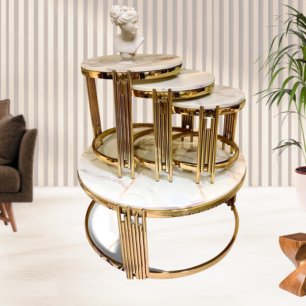 Round Coffee Table Set of 4 Centerpiece, 35" 18" 16" 14" Marble Top, Metal Gold Frame, Home Decor