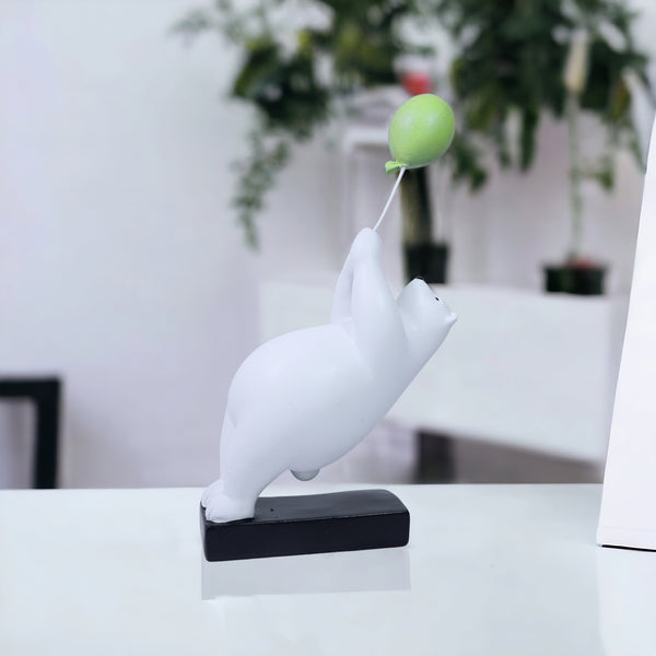 Animal Statue Polar Bear Sculpture with Green Balloon, 11" Desk Sculpture by Sona Casa