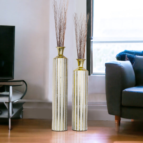 2 Piece Rustic Metal Floor Vases, Tall Vases, Golden White Distressed Design, Rustic Decorative Vase for Home, Indoor Decor Large 33 inch 83 cm Medium 27 inch, 70 cm by Sona Casa