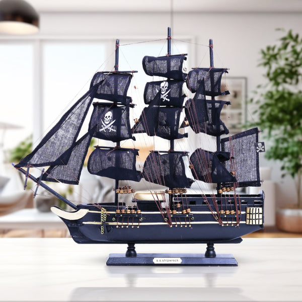 Black Wooden Pirate Ship Model With Realistic Cloth Sails - Nautical Coastal Decor For Home by Sona Casa