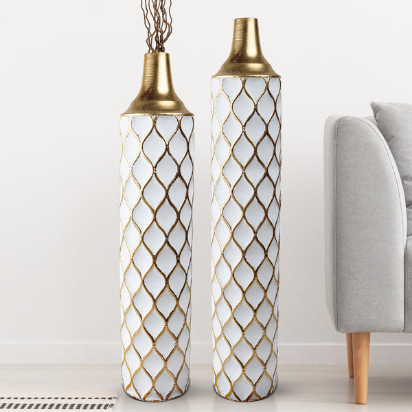 2 Piece White Gold Tall Vases, Indoor Decorative Vases for Living Room, Hallway, Home Decor Large 32 inch Medium 28 inch by Sona Casa