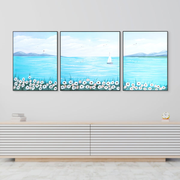 Handmade Blue Lake, Boat Canvas, 79" Wide Wall Art Painting Decor by Sona Casa