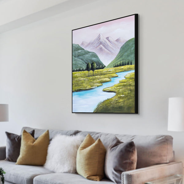 Mountain Creek Impasto Canvas, 31" 3D Textured Wood Framed Landscape Art by Sona Casa