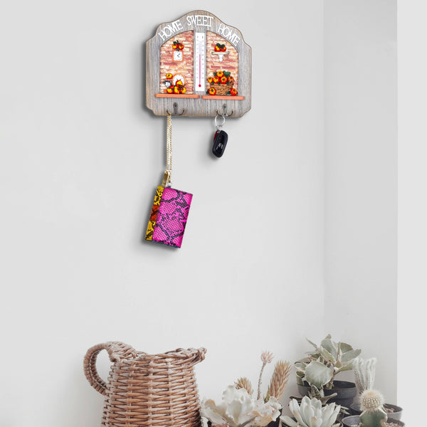 Wooden Entryway Key Holder Rack Hanger with Thermometer, 2 Double Hooks Home Office Organizer, Gifts by Sona Casa