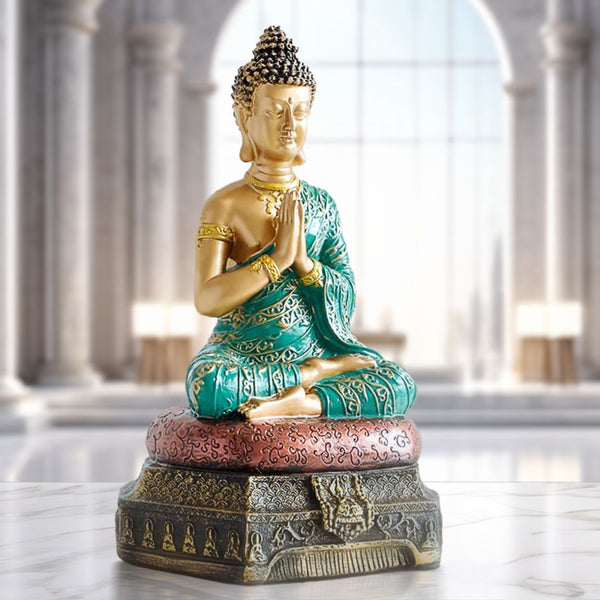 Small Buddha Statue, 9" Religious Decor Gifts, Green Gold Tabletop Desktop Shelf Prayer Room Ornament by Sona Casa