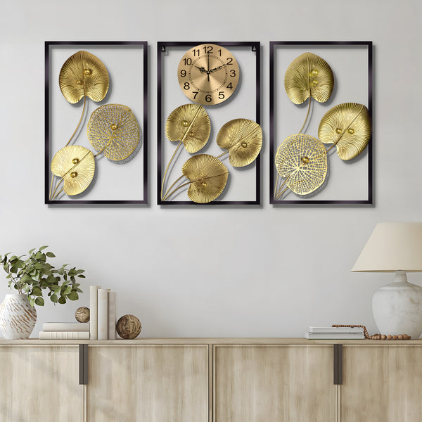 Extra Large Golden Decorative Wall Clock, 24" Silent Non Ticking Clock with Decorative Panels Wall Decor