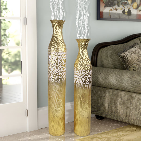 2 Piece Rustic Gold Tall Floor Vases, Metal Vase for Home Indoor Decorations 37 inch and 32 inch High by Sona Casa