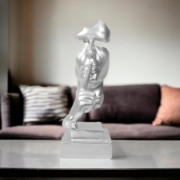 Silver Silence is Golden Thinker Statue, Abstract Silence Face, Polyresin Artwork for Living Room 12 inch 31 cm by Sona Casa