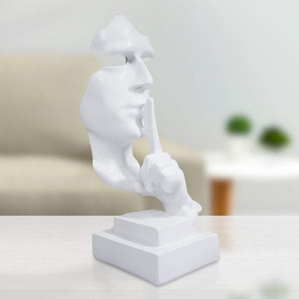 White Abstract Silence is Golden Silence Face Thinker Statue, Polyresin Artwork for Home or Office 12 inch 31 cm by Sona Casa