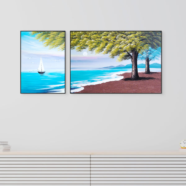 Large Lake Canvas Painting Set, 59" Wide Landscape Painting, Impasto 3D Art by Sona Casa