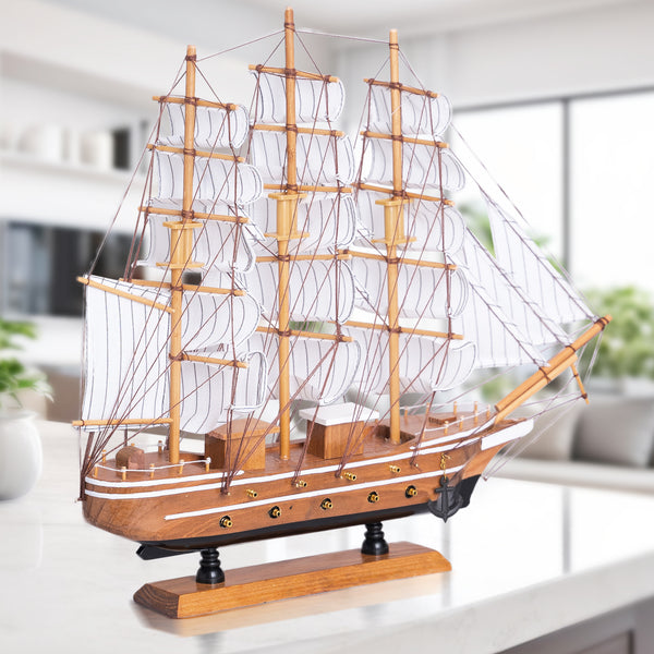 Brown And White Wooden Ship Model With Realistic Cloth Sails, Marine-Inspired Decoration For Nautical Charm by Sona Casa