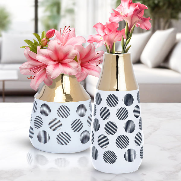 White Ceramic Bouquet Vase Pair, 8" and 13" Abstract Decorative Vase by Sona Casa