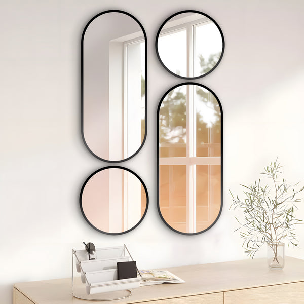 4 Pieces Accent Mirror Set, Vertical Glass Mirrors, Art on Wall, Black Modern Wall Art Decor for Living Room, 27 inch 68 cm