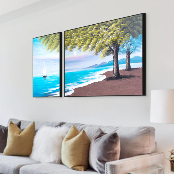 Large Lake Canvas Painting Set, 59" Wide Landscape Painting, Impasto 3D Art by Sona Casa