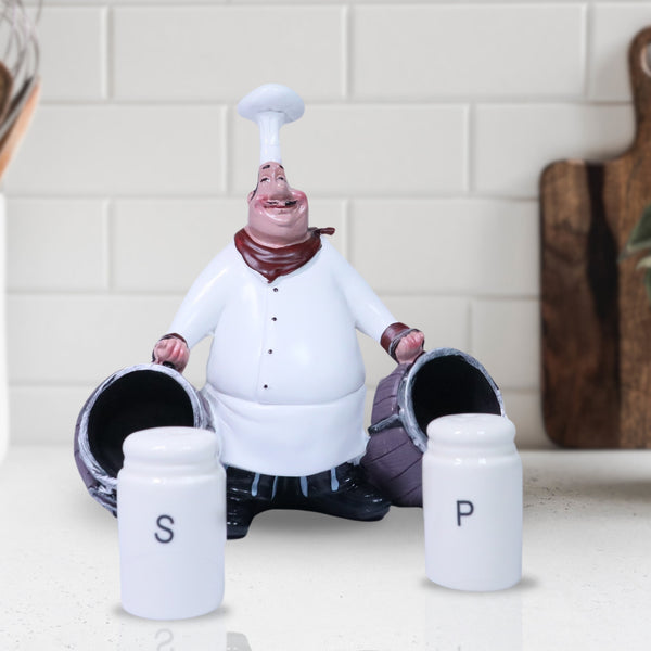 Polyresin Chef Statue, 2 Ceramic Pretzel Shakers, 7" Kitchen Decor by Sona Casa