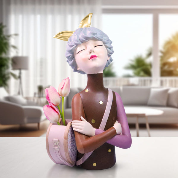 Classy Female Bust Statue Storage and Vase in One, Makeup Organizer, Small Items Storage, Vanity Table Decor, Ladies Gift Brown Polyresin 14 inch 34 cm by Sona Casa