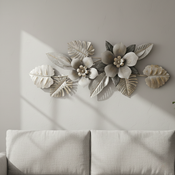 Large Metal Flower Wall Art, 3D Floral Wall Sculpture, Modern Botanical Decor with Silver & Gray Leaves, Textured Metal Wall Decor for Living Room, Bedroom, or Entryway-Sona Casa