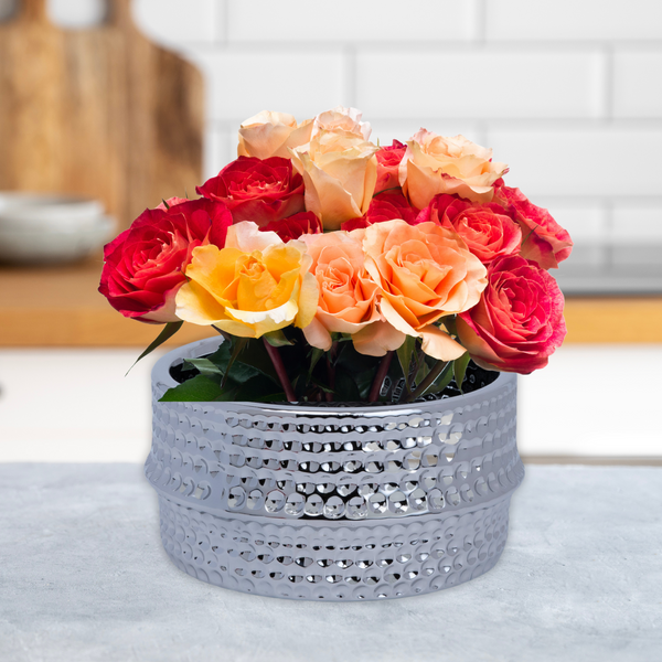 Ceramic Bud Vase, 4" Silver Chrome Textured Round Table Vase