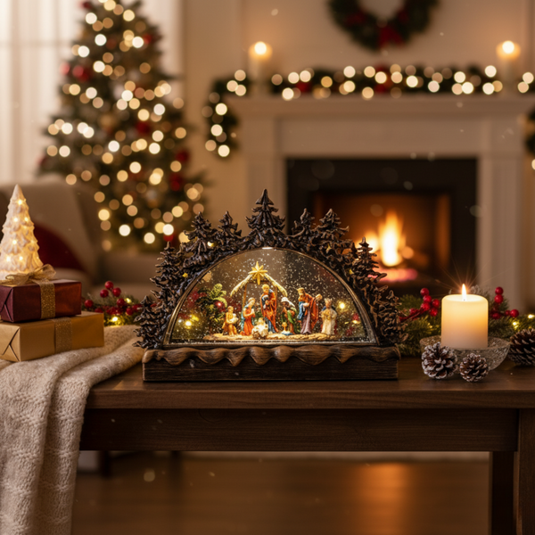 Christmas Nativity Snow Globe Light Up Musical Xmas Decor Gift USB Battery Powered Table Religious Home Office Decor-Sona Casa