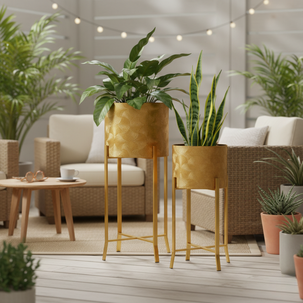 Rustic Gold Metal Pair of Planters with Detachable & Foldable Stand, Indoor Ornament for Fresh or Faux Plants Home Decor Gifts-Sona Casa