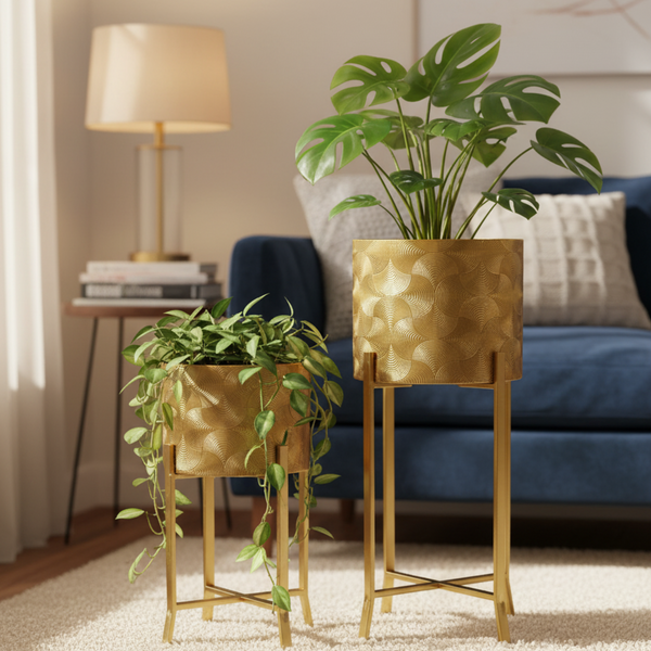 Rustic Gold Metal Pair of Planters with Detachable & Foldable Stand, Indoor Ornament for Fresh or Faux Plants Home Decor Gifts-Sona Casa
