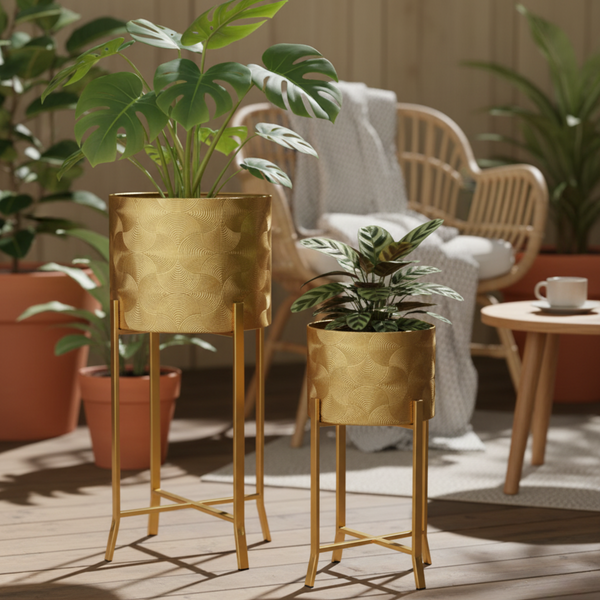 Rustic Gold Metal Pair of Planters with Detachable & Foldable Stand, Indoor Ornament for Fresh or Faux Plants Home Decor Gifts-Sona Casa