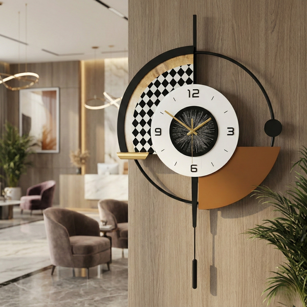 Modern Black and White Wall Clock with LED Light, Unique Geometric Design, Pendulum, Living Room Decor, Gift-Sona Casa