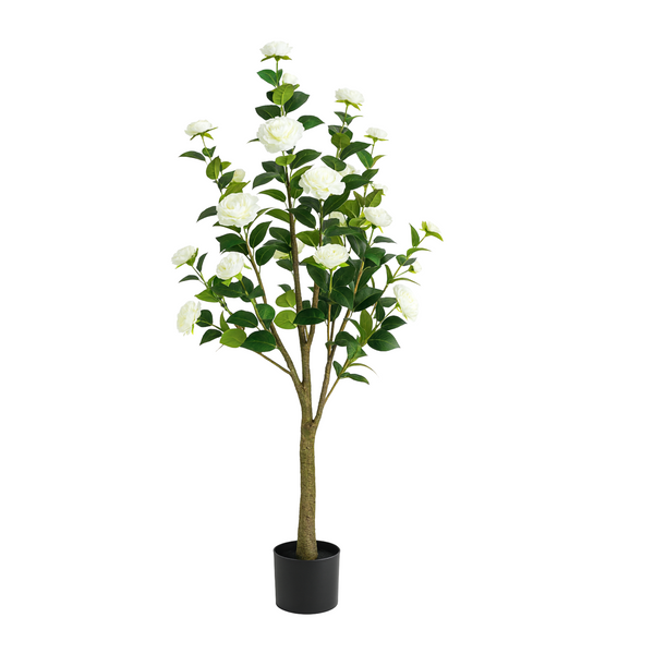 Faux Camellia Tree, 5 ft Tall Faux White Camellia Tree Plant in Cement Base, Indoor Decor for Home or Office, Housewarming Gift-Sona Casa