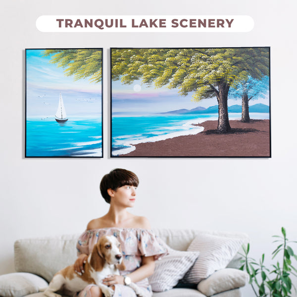 Large Lake Canvas Painting Set, 59" Wide Landscape Painting, Impasto 3D Art by Sona Casa