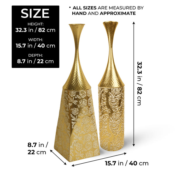 2 Piece Decorative Tall Vases, Large Gold Metal Floor Vases, Indoor Living Room Decor 32 inch 82 cm by Sona Casa