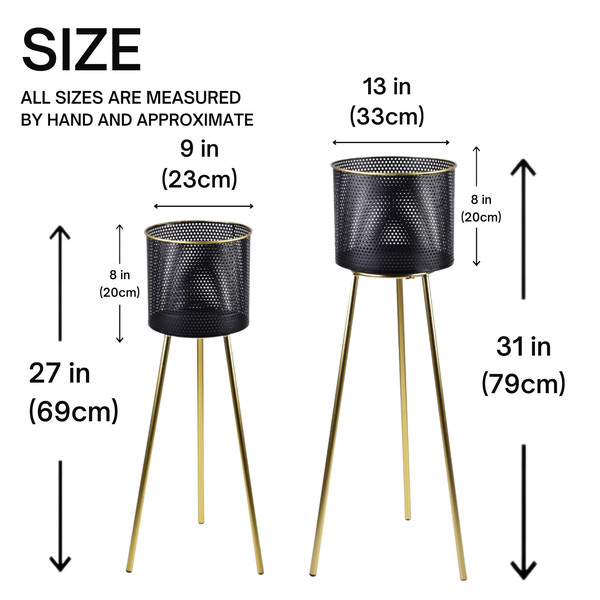 Modern Black Metal Plant Pot, Set of 2 Planters, Gold Tripod Stand, Indoor Outdoor Gift Decor for Home or Office-Sona Casa