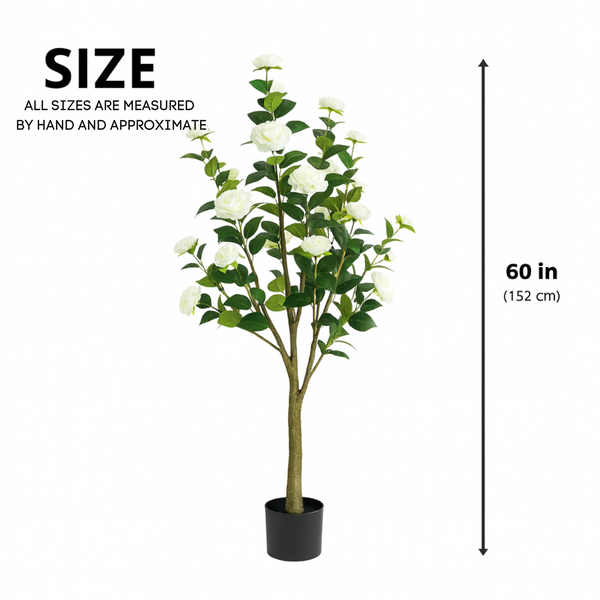 Faux Camellia Tree, 5 ft Tall Faux White Camellia Tree Plant in Cement Base, Indoor Decor for Home or Office, Housewarming Gift-Sona Casa