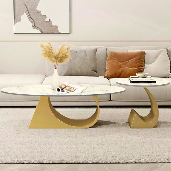 Modern Oval Coffee Table Set 47" and 20" White Marble Top, Metal Gold Frame