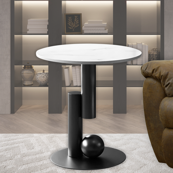 Modern Round Corner Table, 16" Side Table, White Marble Top, Metal Matte Black Frame, Centerpiece