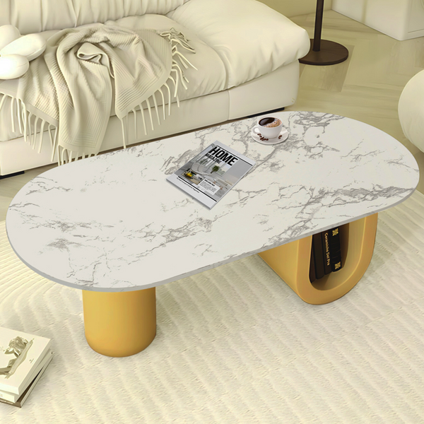 Designer Coffee Table 47" White Marble Top, Metal Blocks Gold Frame Home Decor Centerpiece by Sona Casa