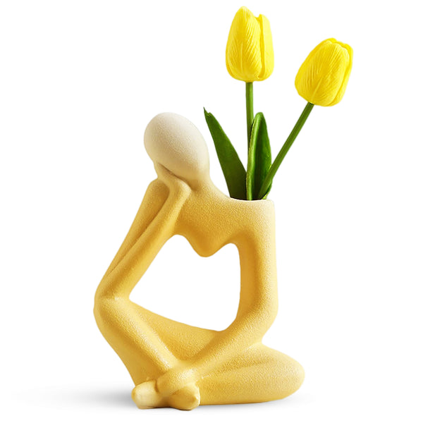 Abstract Ceramic Yellow Bud Vase With 1 Tulip Stem, 7" Table Vase for Fresh or Fake Flowers, Living Room, Office Decor by Sona Casa