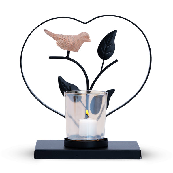 Black Metal Tealight Holder With Bird, 6" Nature Inspired Glass Decor by Sona Casa
