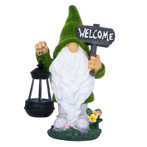 Welcome Gnome with Solar Powered Garden Lamp, Green White, Polyresin Lawn Gnome Statue, Patio Statue 13 inch 33 cm by Sona Casa