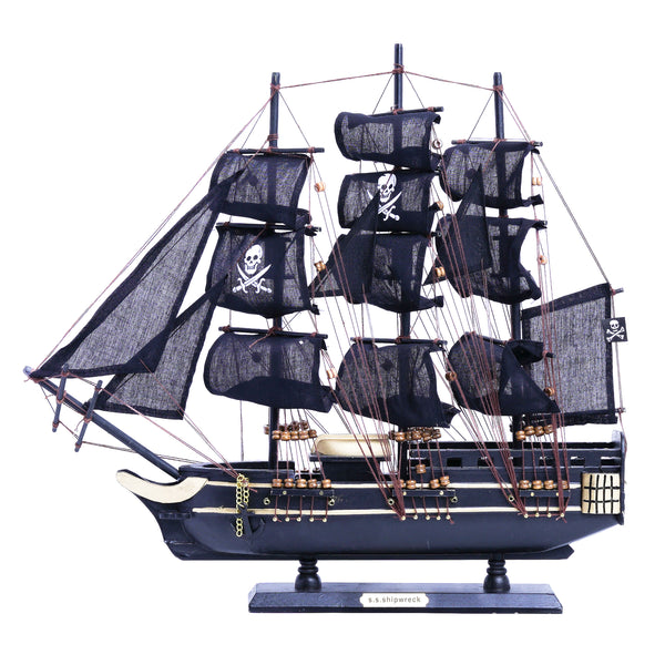 Black Wooden Pirate Ship Model With Realistic Cloth Sails - Nautical Coastal Decor For Home by Sona Casa