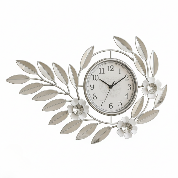Large Silver Metal Wall Clock, Modern Floral Silent Quartz Decor for Living Room & Home, Analog Decorative Clock-Sona Casa